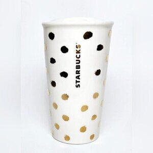Starbucks White Ceramic Travel Mug Gold & Black Polka Dot 10oz